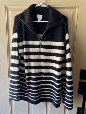 Men's Black and White Striped Half-Zip Sweater